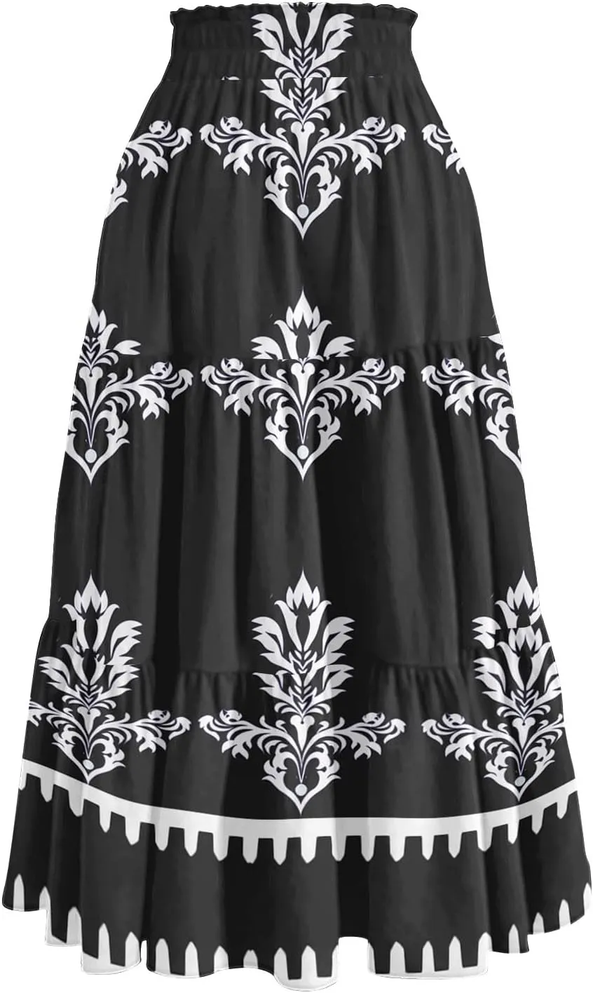 Flowy Floral Midi Skirts for Women Trendy Summer Casual High Waisted Plus Size Long Boho Beach Skirt with Pockets