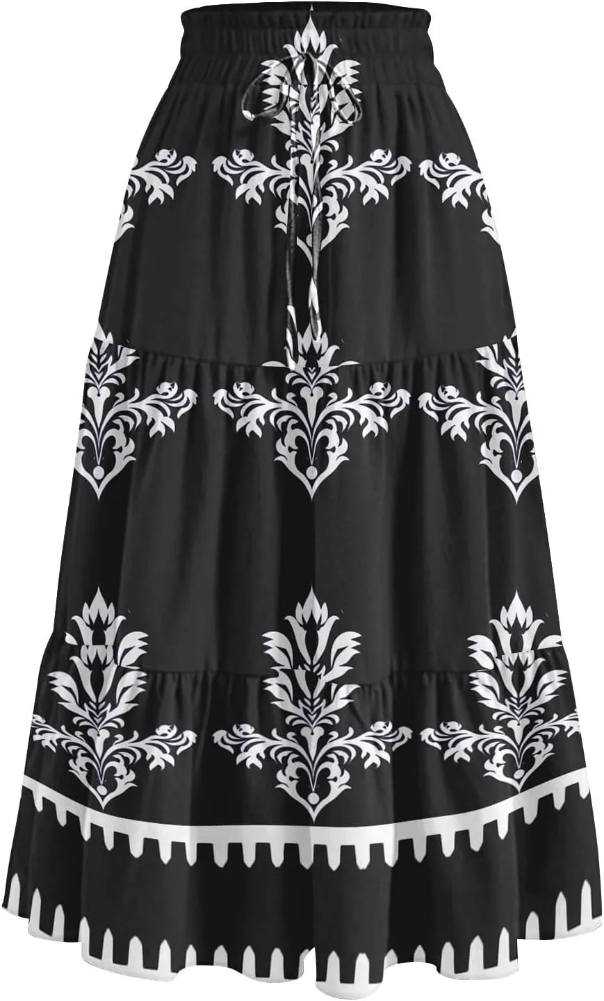 Flowy Floral Midi Skirts for Women Trendy Summer Casual High Waisted Plus Size Long Boho Beach Skirt with Pockets