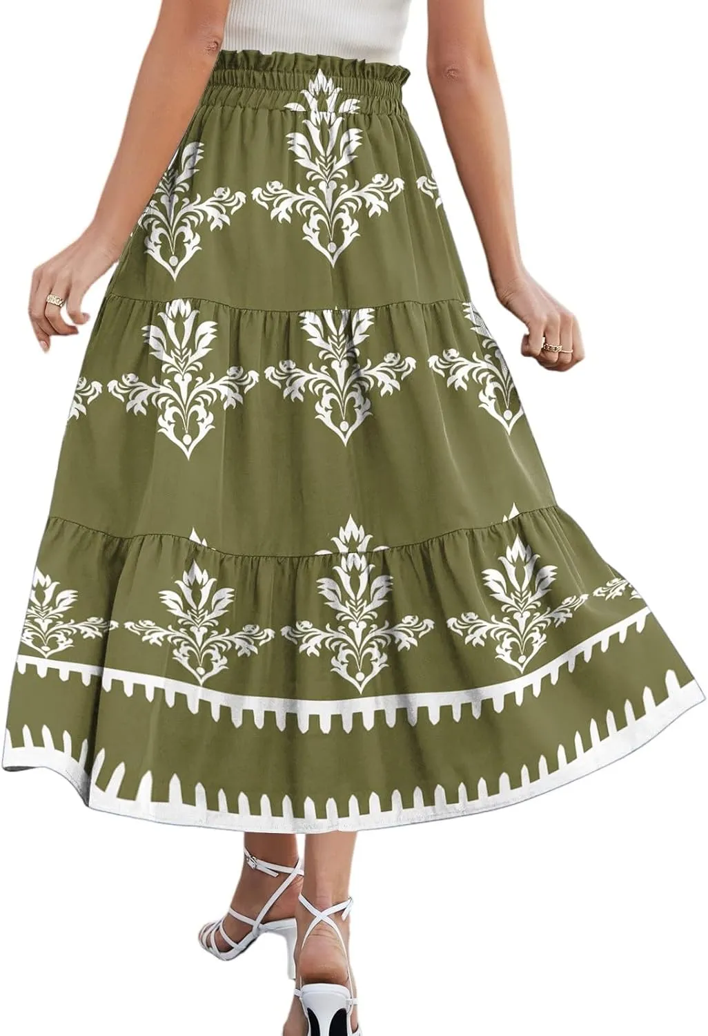 Flowy Floral Midi Skirts for Women Trendy Summer Casual High Waisted Plus Size Long Boho Beach Skirt with Pockets