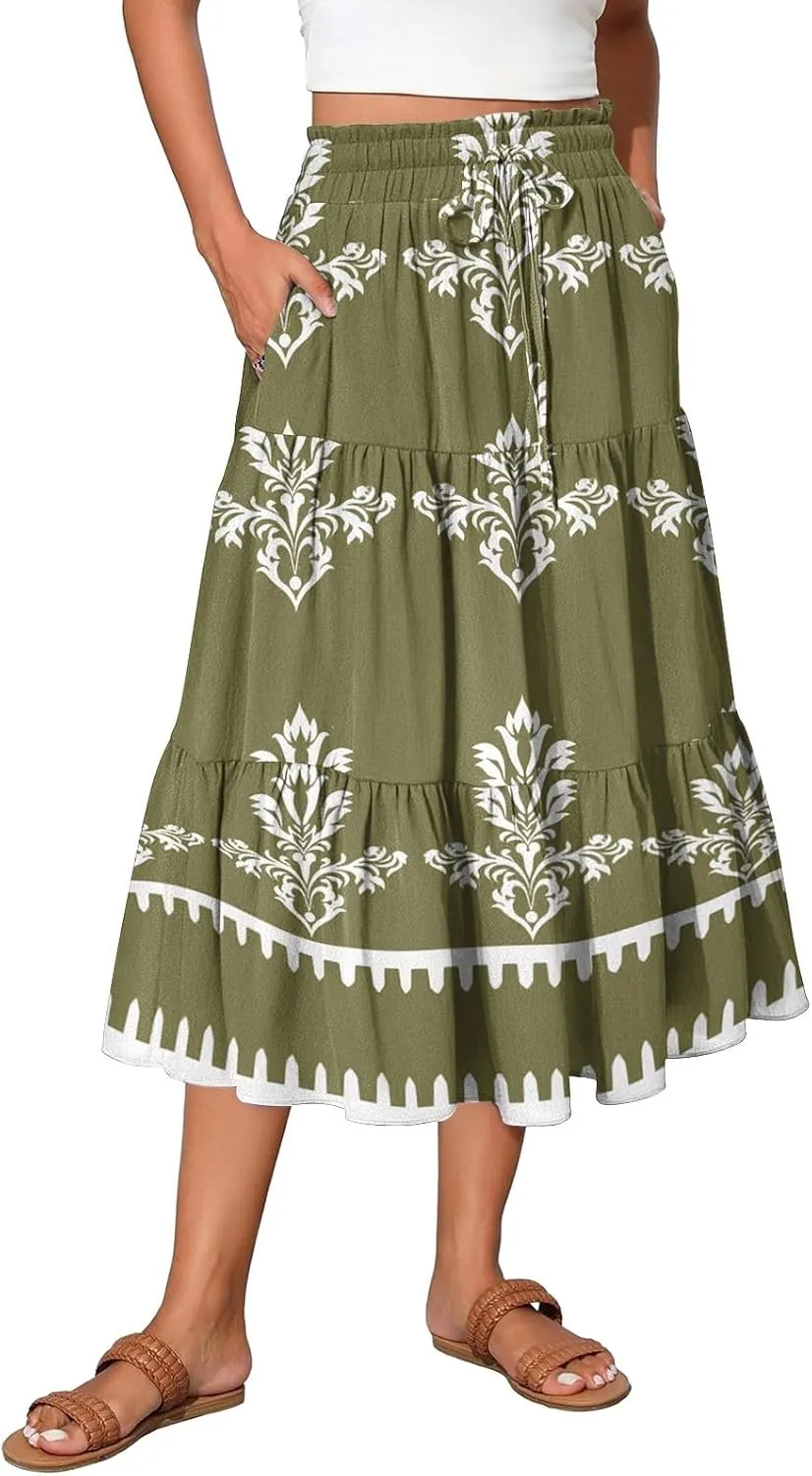 Flowy Floral Midi Skirts for Women Trendy Summer Casual High Waisted Plus Size Long Boho Beach Skirt with Pockets