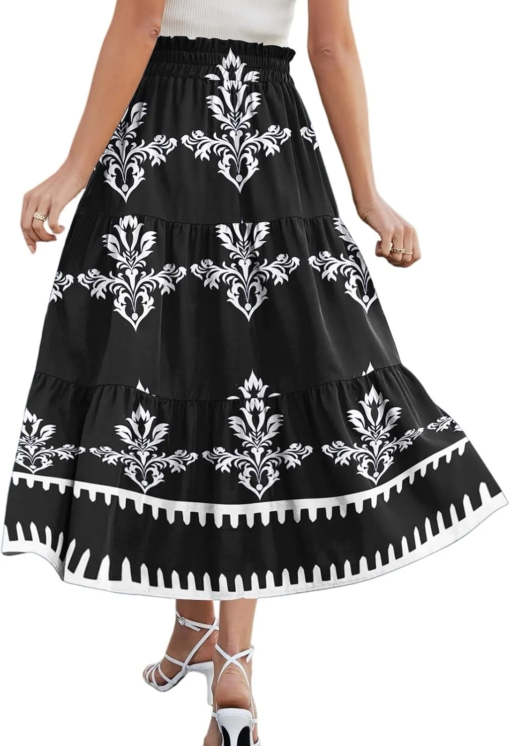 Flowy Floral Midi Skirts for Women Trendy Summer Casual High Waisted Plus Size Long Boho Beach Skirt with Pockets