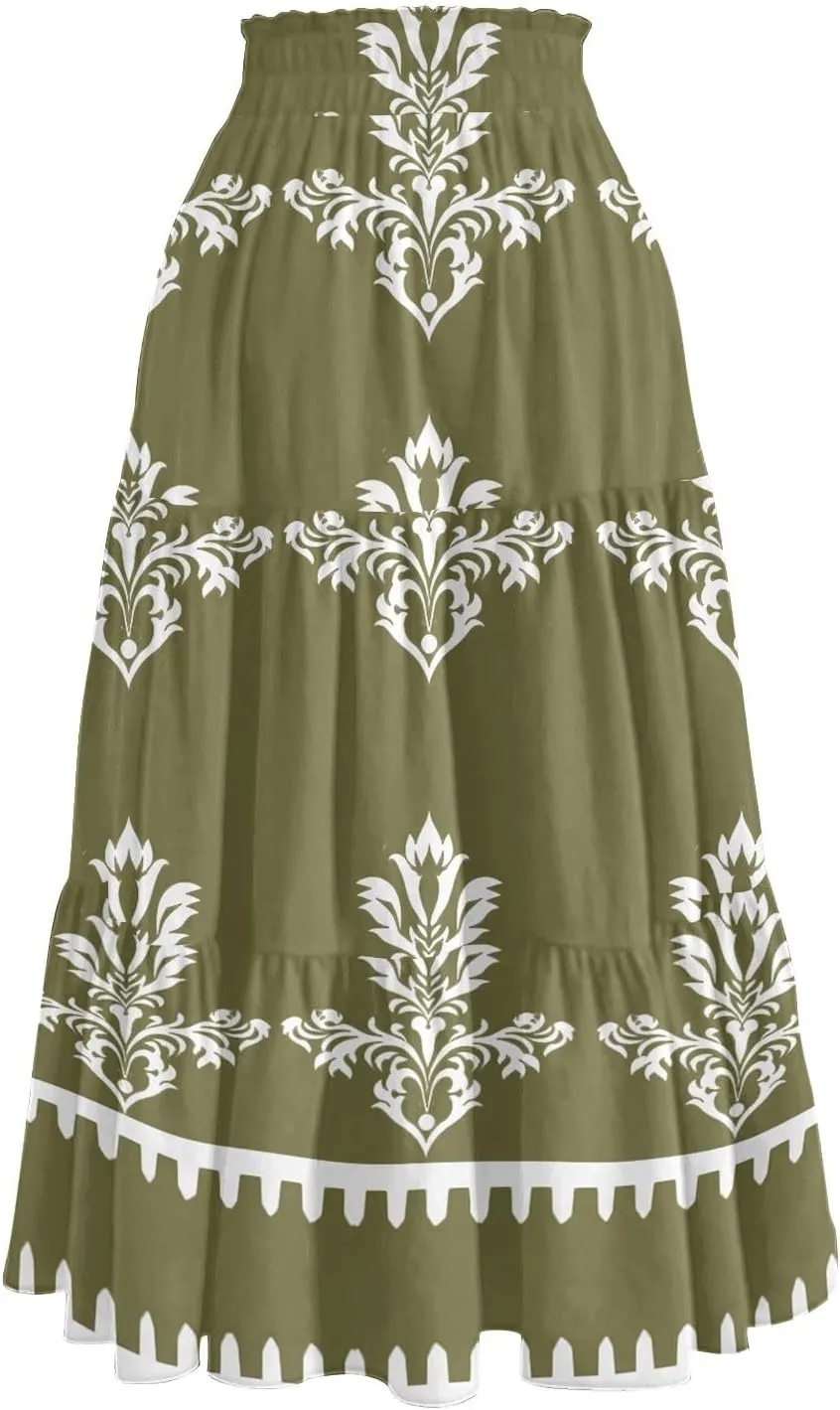 Flowy Floral Midi Skirts for Women Trendy Summer Casual High Waisted Plus Size Long Boho Beach Skirt with Pockets