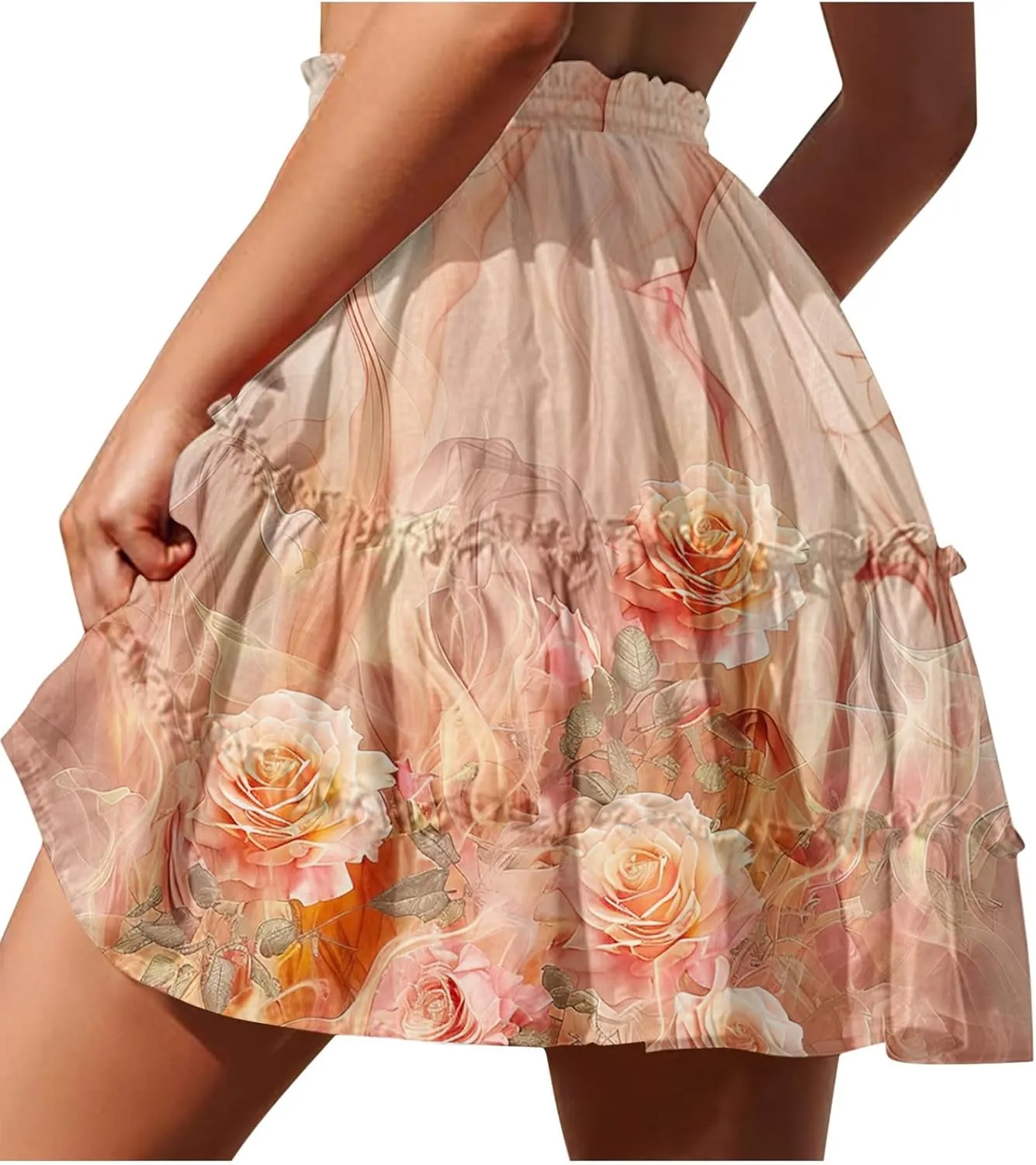 Flowy Floral Mini Skirts for Women High Waisted Boho Skirt Elastic Drawstring Tiered Skirts Ruffle Beach Skirt
