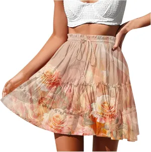 Flowy Floral Mini Skirts for Women High Waisted Boho Skirt Elastic Drawstring Tiered Skirts Ruffle Beach Skirt