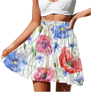 Flowy Floral Mini Skirts for Women High Waisted Boho Skirt Elastic Drawstring Tiered Skirts Ruffle Beach Skirt