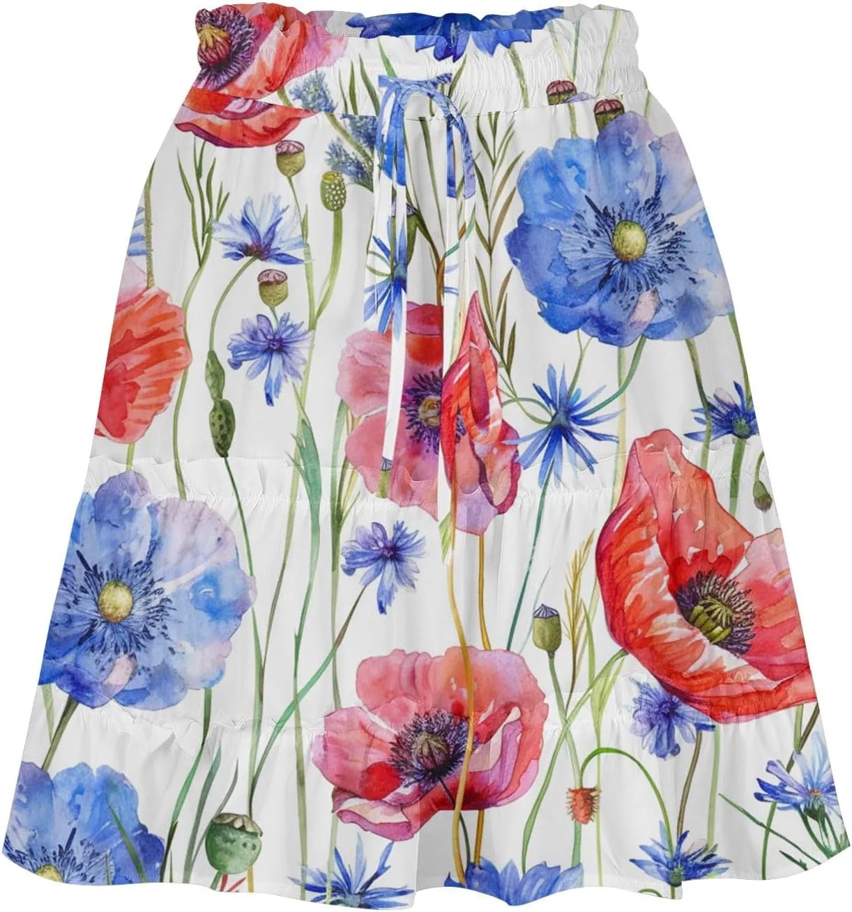 Flowy Floral Mini Skirts for Women High Waisted Boho Skirt Elastic Drawstring Tiered Skirts Ruffle Beach Skirt
