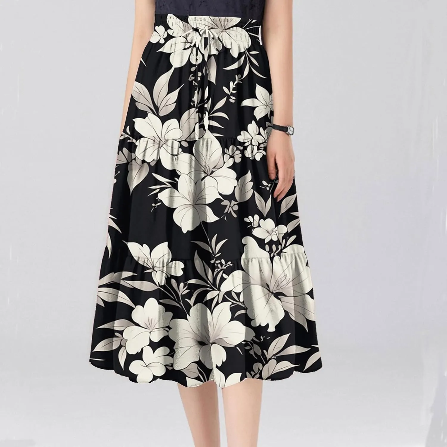 Flowy Midi Skirts for Women 2025 Summer Casual Floral High Waisted Plus Size Long Boho Work Skirt with Pockets