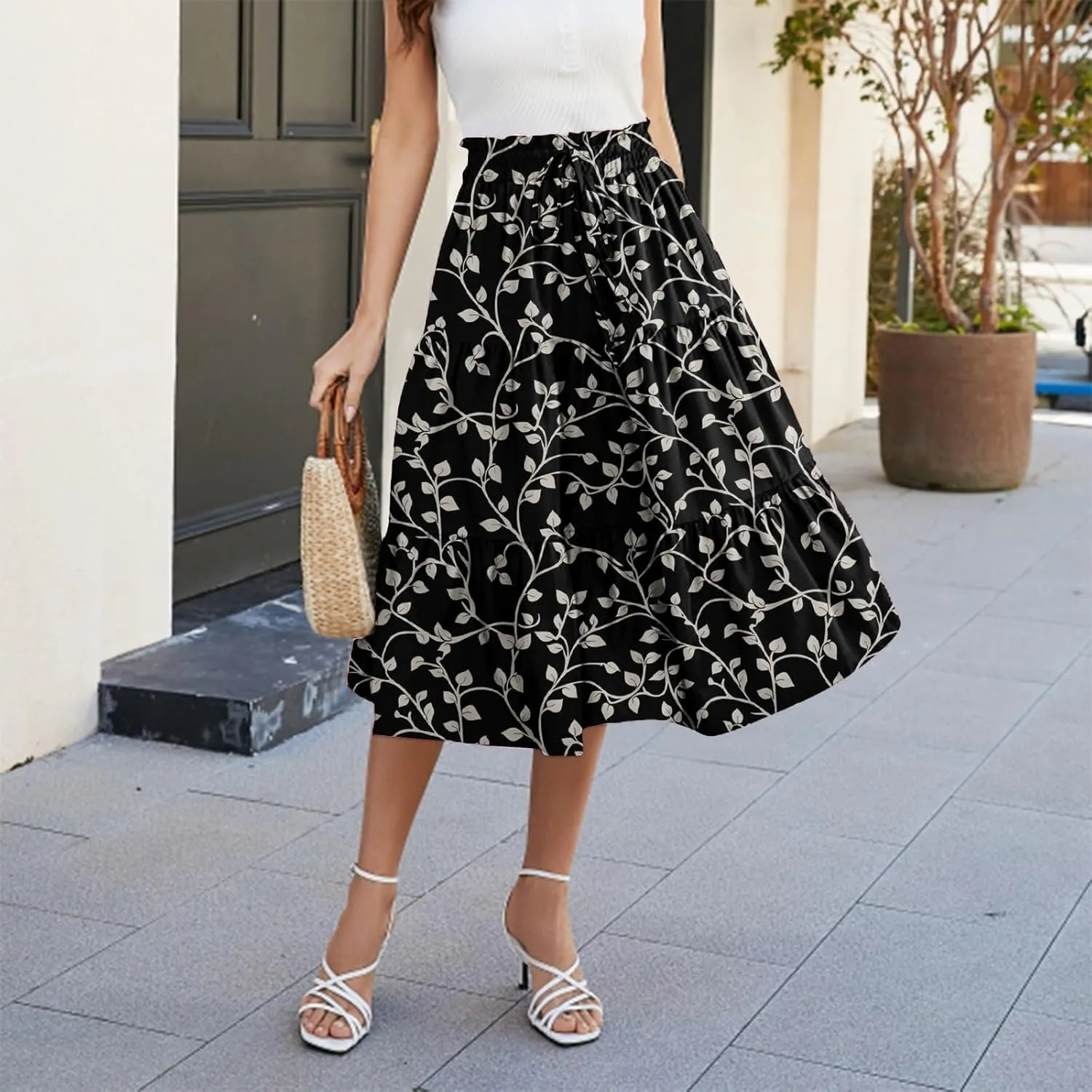 Flowy Midi Skirts for Women 2025 Summer Casual Floral High Waisted Plus Size Long Boho Work Skirt with Pockets