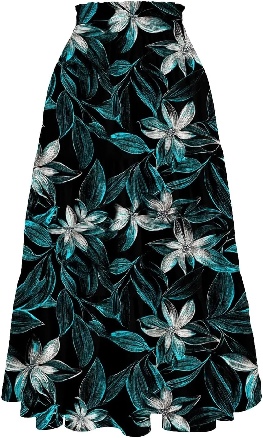 Flowy Midi Skirts for Women 2025 Summer Casual Floral High Waisted Plus Size Long Boho Work Skirt with Pockets