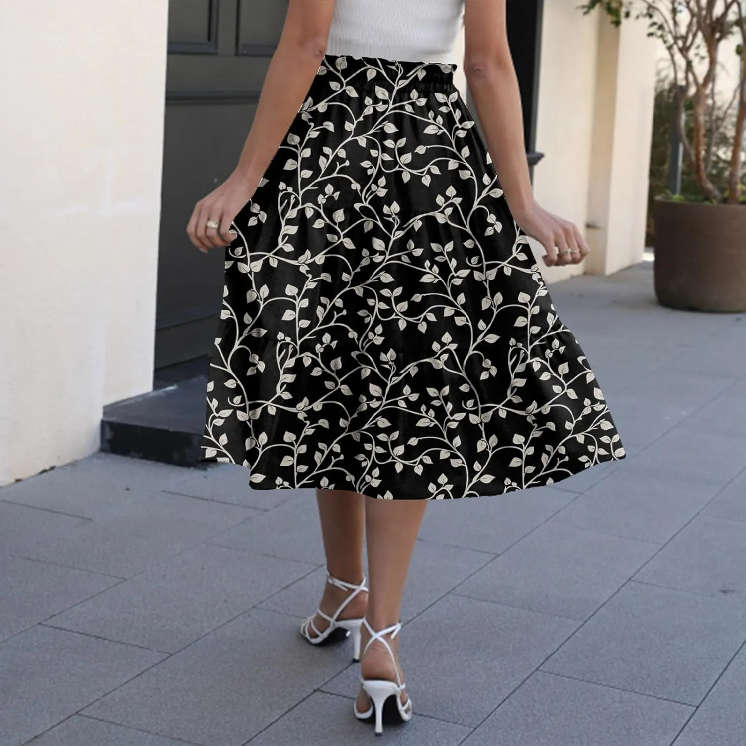 Flowy Midi Skirts for Women 2025 Summer Casual Floral High Waisted Plus Size Long Boho Work Skirt with Pockets