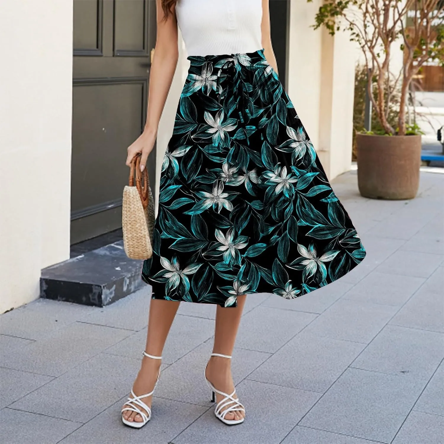 Flowy Midi Skirts for Women 2025 Summer Casual Floral High Waisted Plus Size Long Boho Work Skirt with Pockets