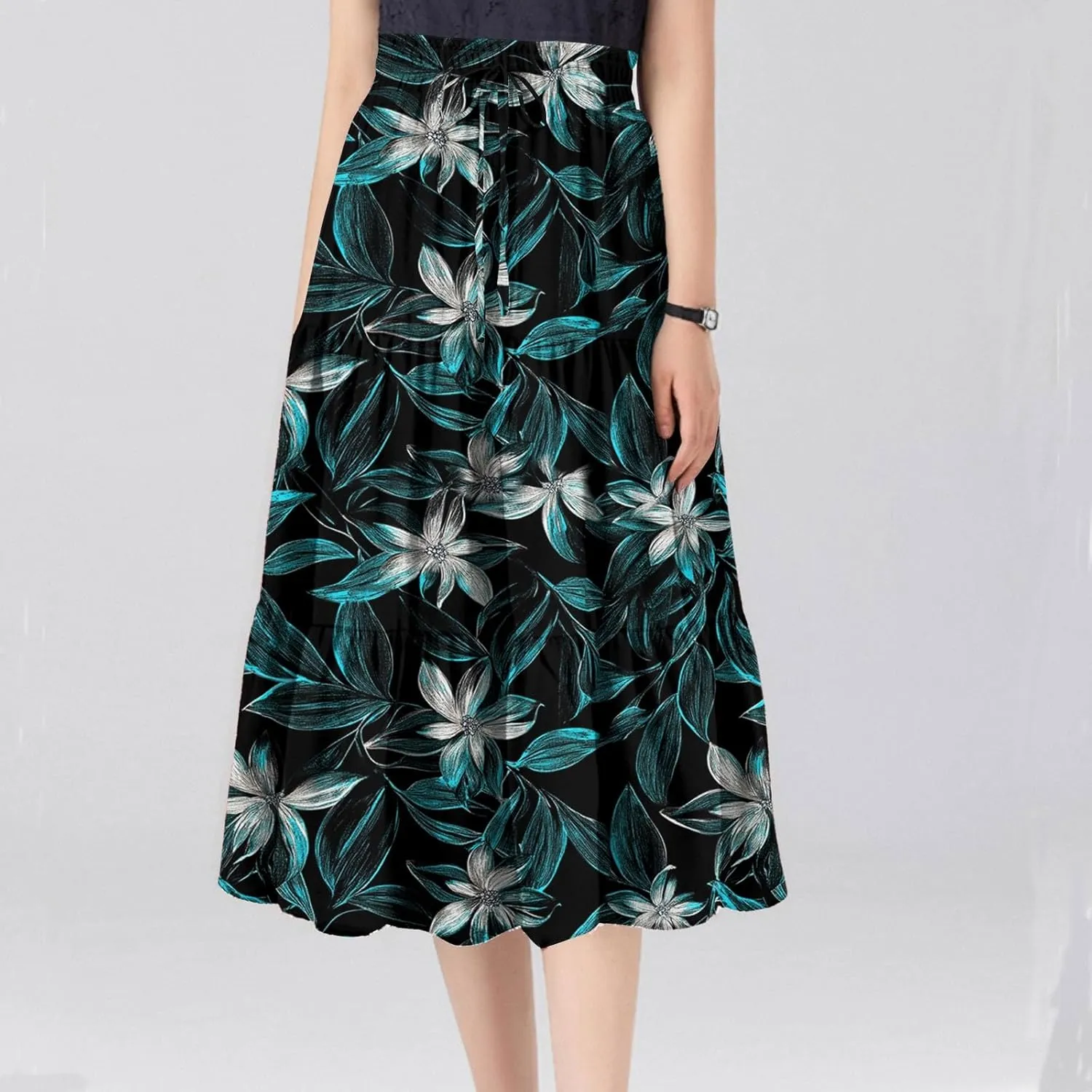 Flowy Midi Skirts for Women 2025 Summer Casual Floral High Waisted Plus Size Long Boho Work Skirt with Pockets