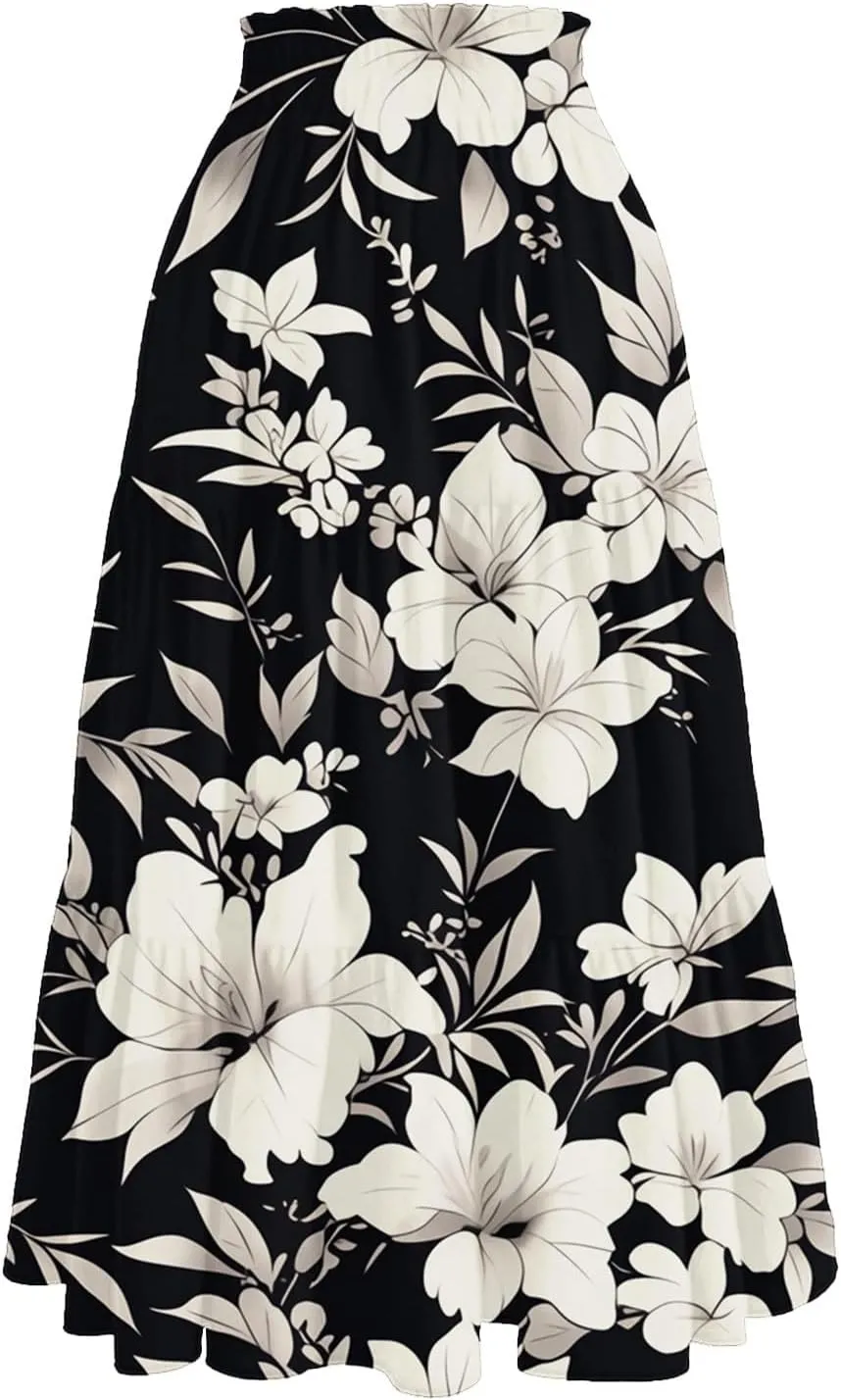 Flowy Midi Skirts for Women 2025 Summer Casual Floral High Waisted Plus Size Long Boho Work Skirt with Pockets