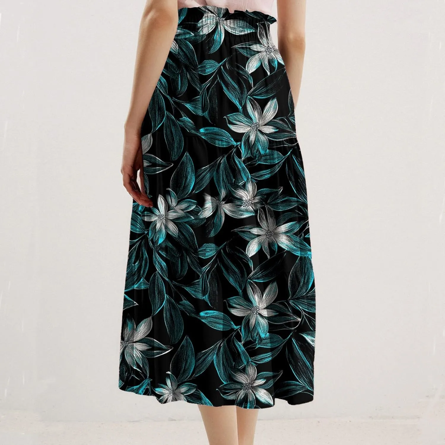 Flowy Midi Skirts for Women 2025 Summer Casual Floral High Waisted Plus Size Long Boho Work Skirt with Pockets