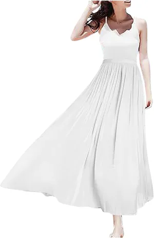 Flowy Midi Skirts for Women 2025 Summer Lightweight Elastic Waisted Swing A-Line Pleated Skirt