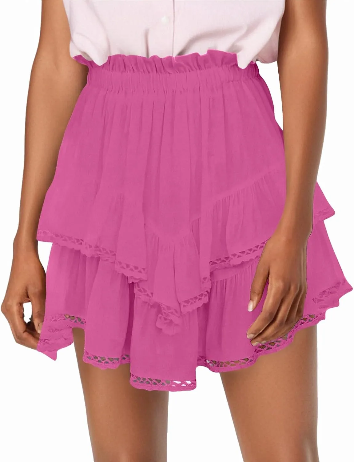 Flowy Shorts for Women Casual Boho Ruffle Tiered Skorts High Waisted Mini Skirts Golf Tennis Crochet Shorts