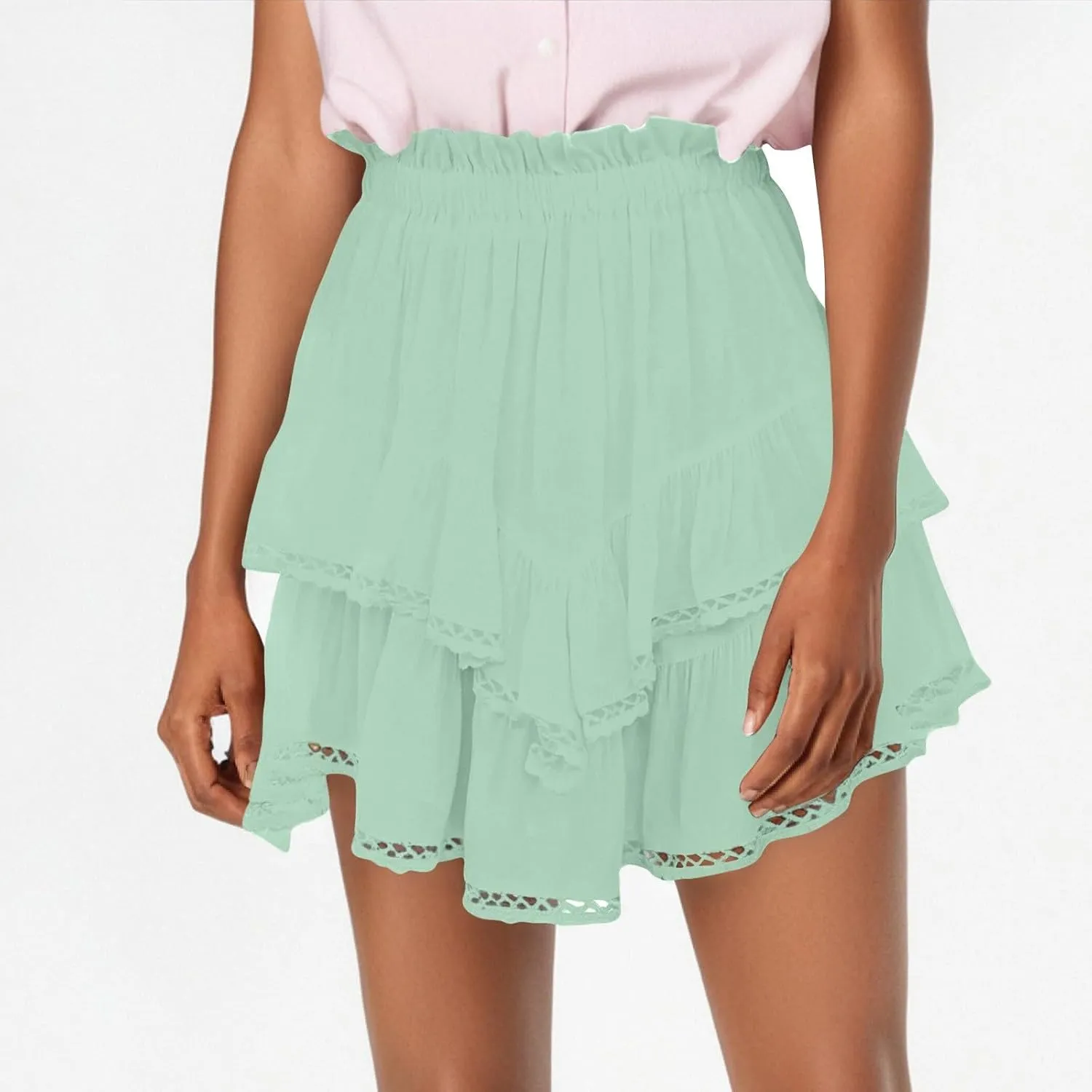 Flowy Shorts for Women Casual Boho Ruffle Tiered Skorts High Waisted Mini Skirts Golf Tennis Crochet Shorts