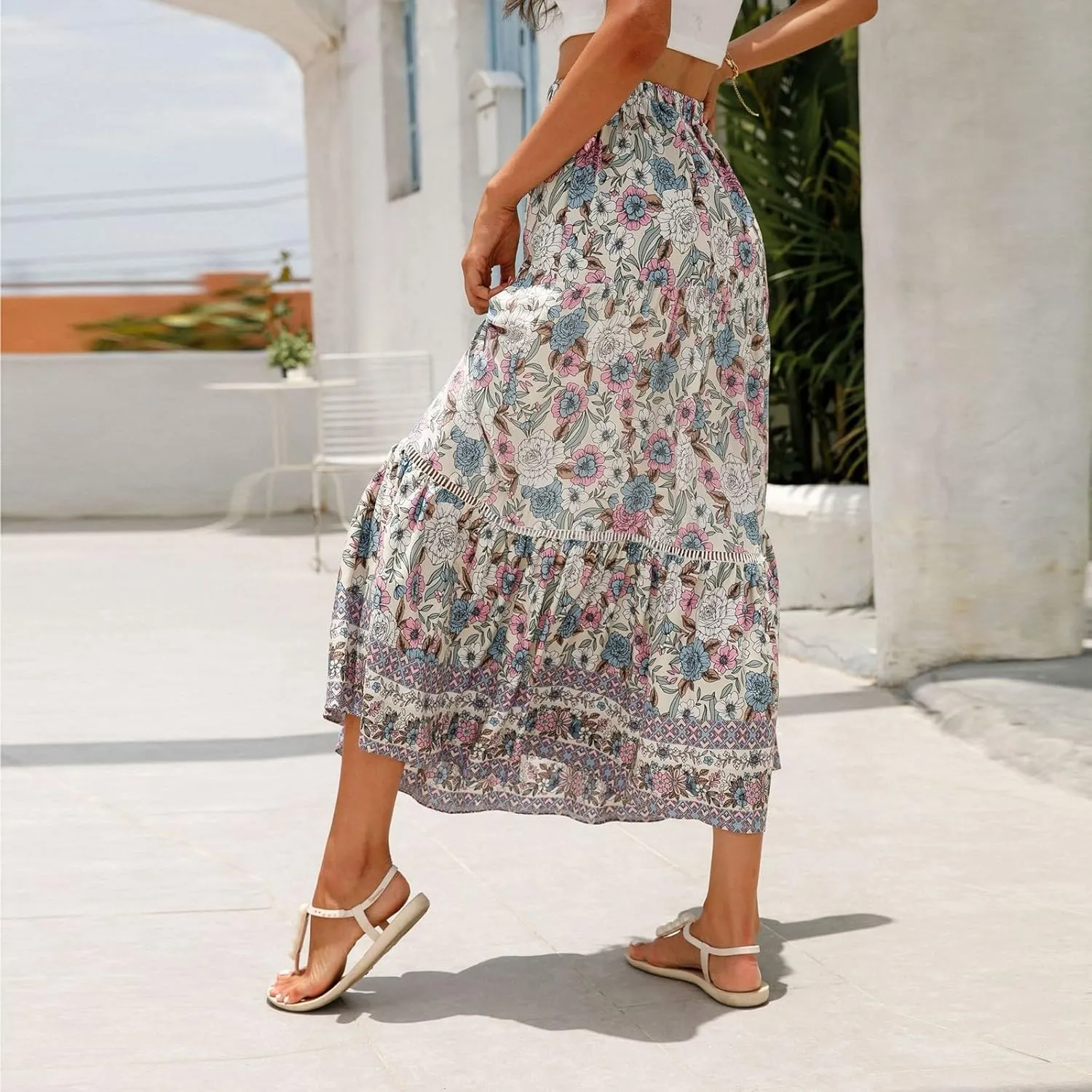 Flowy Skirts for Women,Pleated Maxi Skirts 2025 Trendy Beach Vacation Elastic Waist Long Boho Skirt Spring Summer