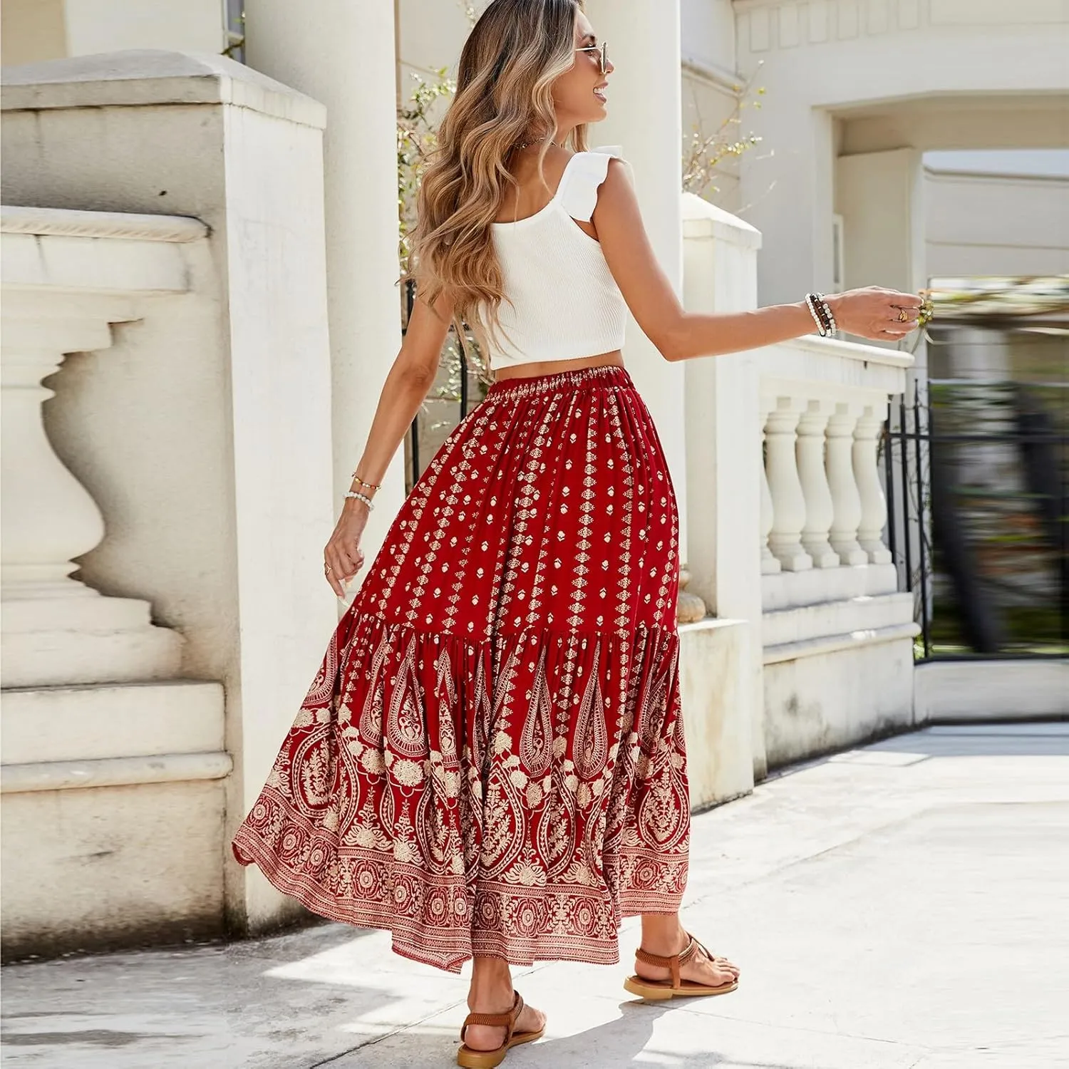 Flowy Skirts for Women,Pleated Maxi Skirts 2025 Trendy Beach Vacation Elastic Waist Long Boho Skirt Spring Summer