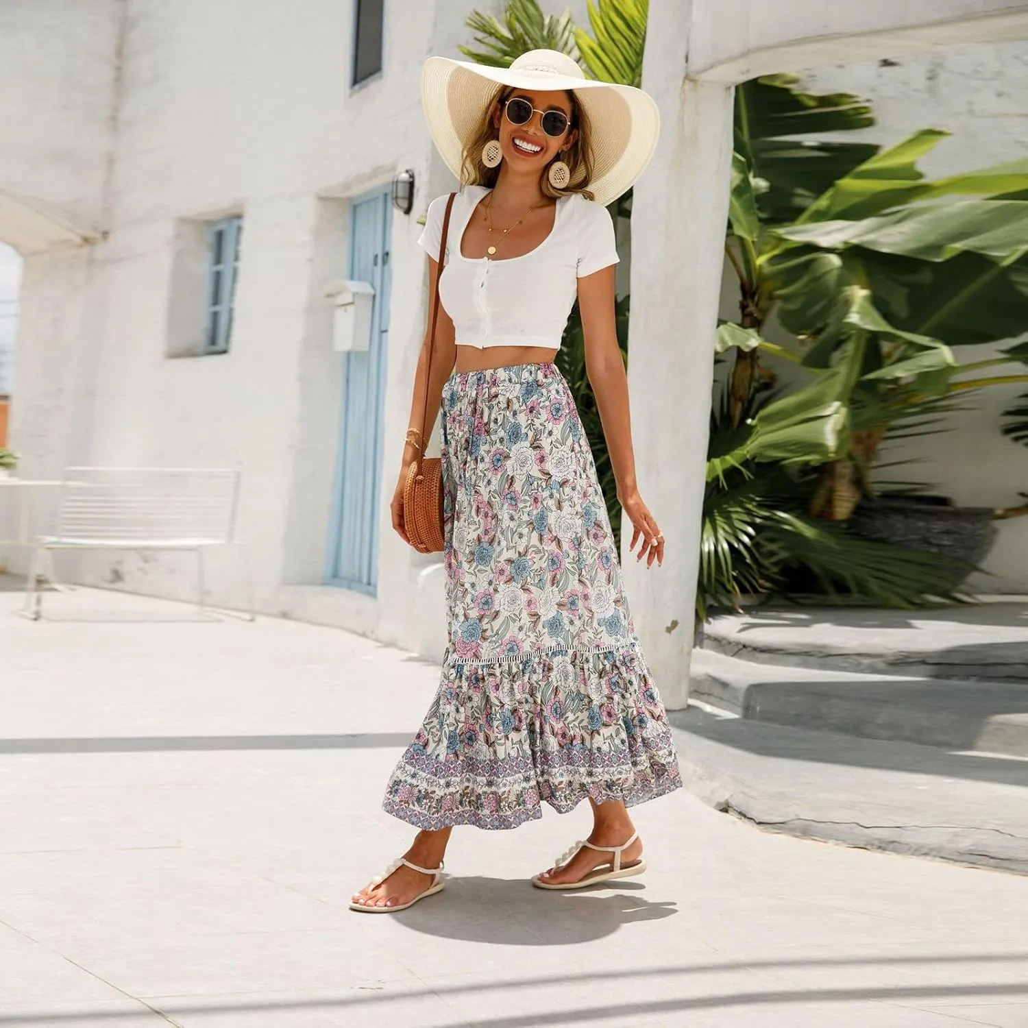 Flowy Skirts for Women,Pleated Maxi Skirts 2025 Trendy Beach Vacation Elastic Waist Long Boho Skirt Spring Summer