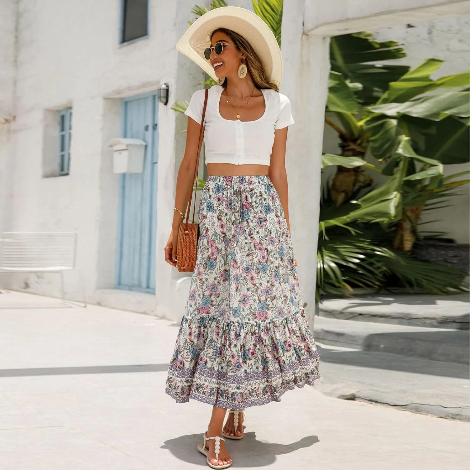 Flowy Skirts for Women,Pleated Maxi Skirts 2025 Trendy Beach Vacation Elastic Waist Long Boho Skirt Spring Summer