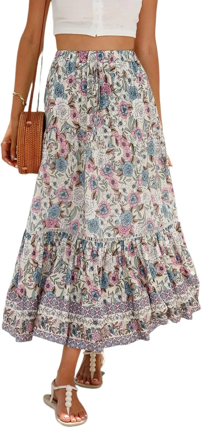 Flowy Skirts for Women,Pleated Maxi Skirts 2025 Trendy Beach Vacation Elastic Waist Long Boho Skirt Spring Summer