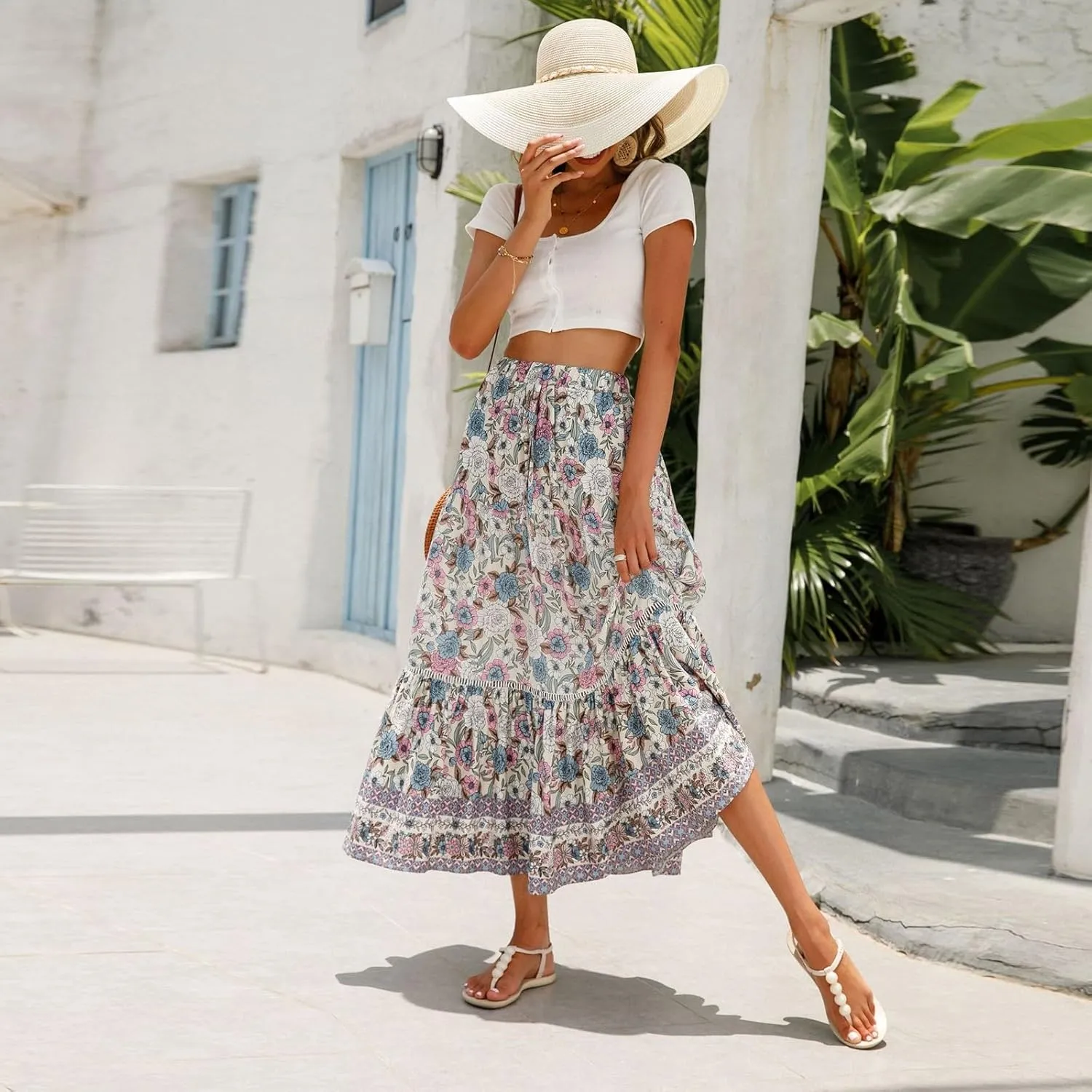 Flowy Skirts for Women,Pleated Maxi Skirts 2025 Trendy Beach Vacation Elastic Waist Long Boho Skirt Spring Summer