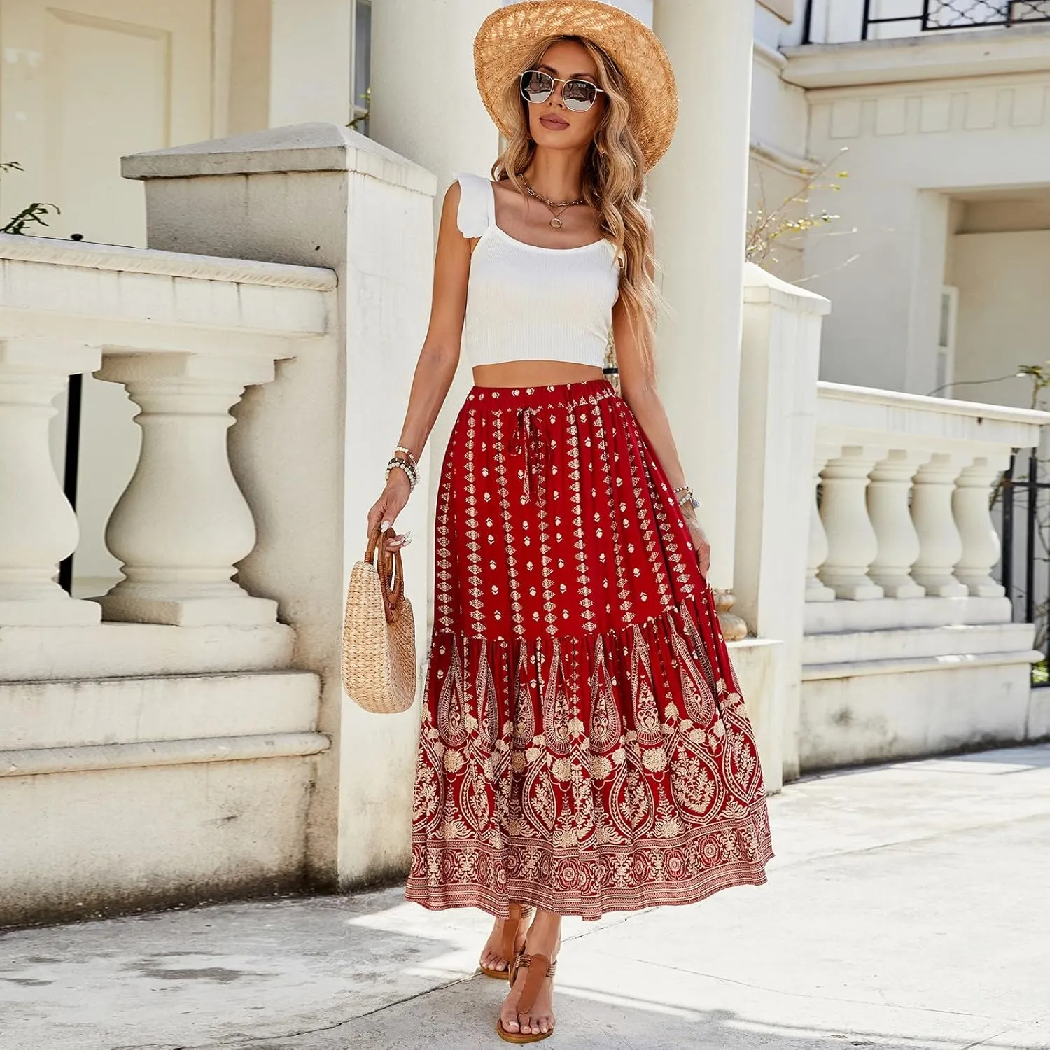 Flowy Skirts for Women,Pleated Maxi Skirts 2025 Trendy Beach Vacation Elastic Waist Long Boho Skirt Spring Summer