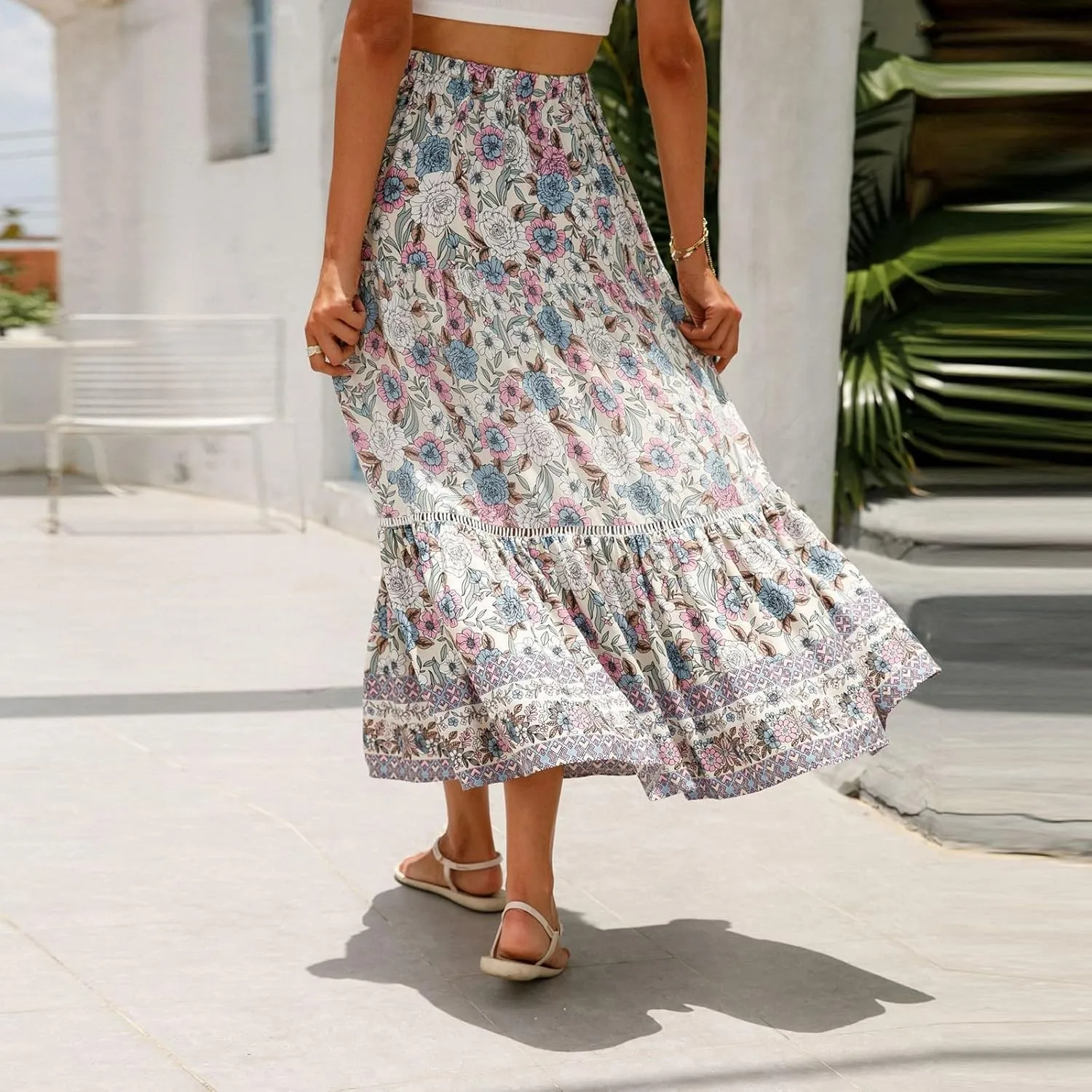 Flowy Skirts for Women,Pleated Maxi Skirts 2025 Trendy Beach Vacation Elastic Waist Long Boho Skirt Spring Summer