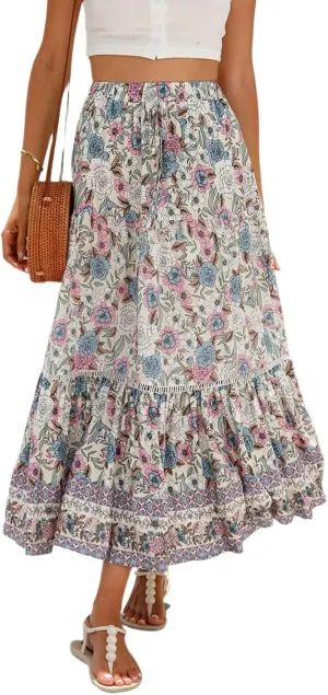Flowy Skirts for Women,Pleated Maxi Skirts 2025 Trendy Beach Vacation Elastic Waist Long Boho Skirt Spring Summer