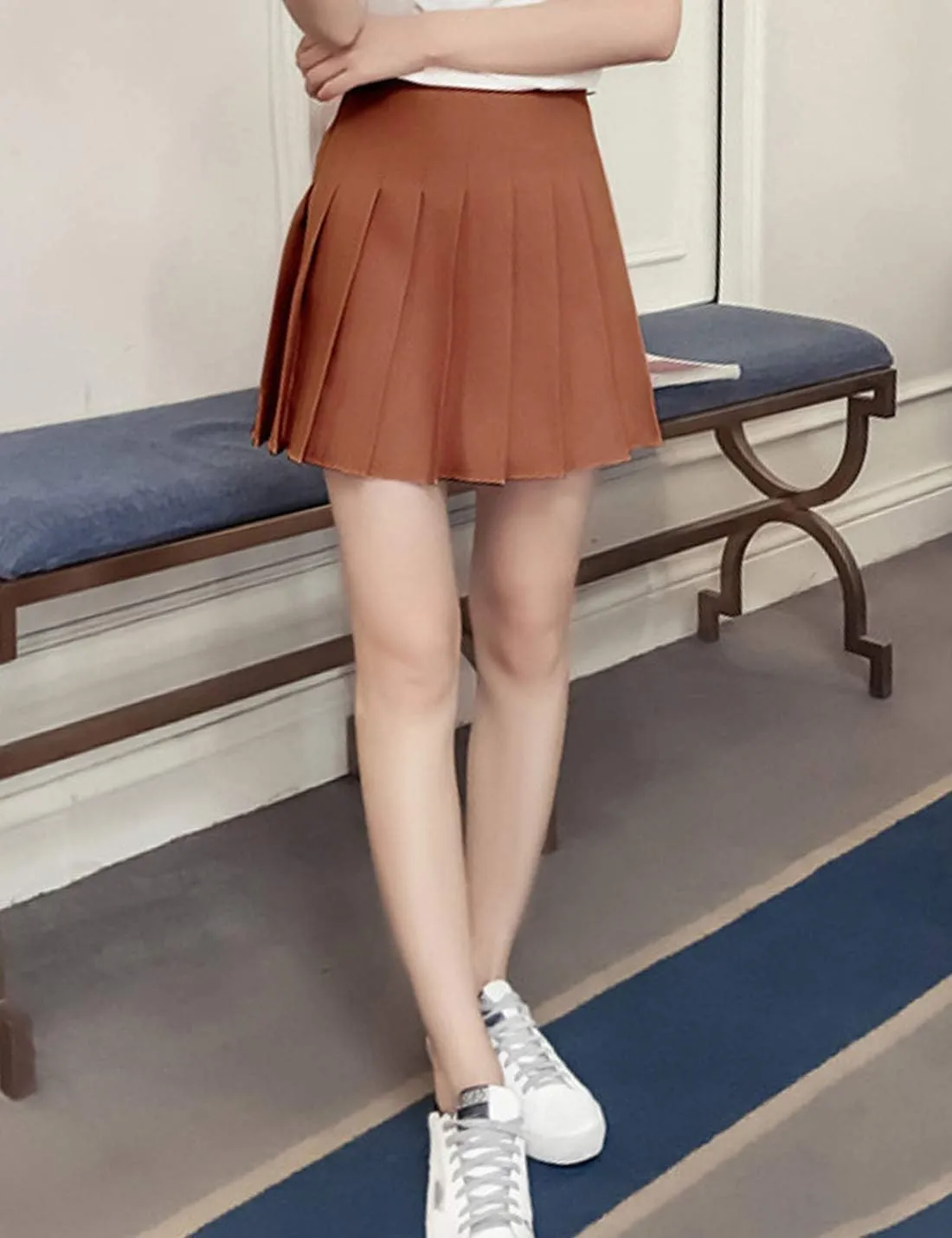 Flygo Women's Casual Elastic High Waist Pleated Slim Mini A-line Skirt