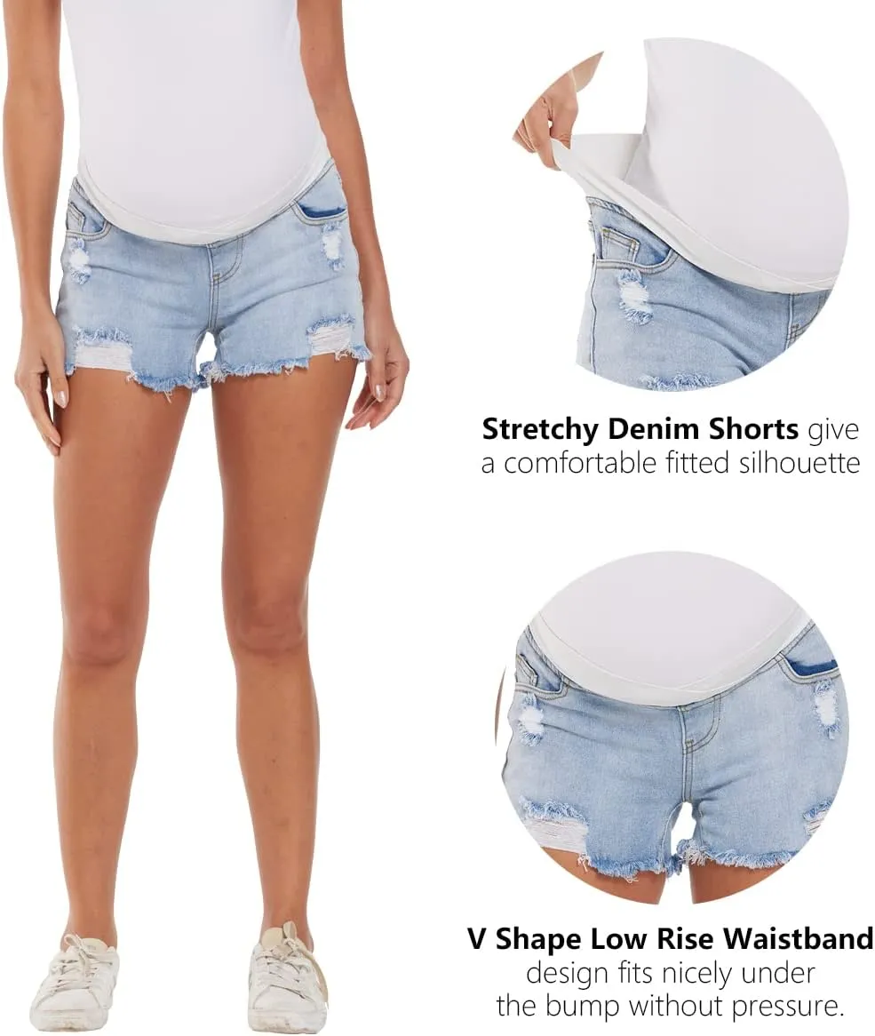 Foucome Women's Maternity Ripped Jean Shorts Summer Distressed Denim Shorts