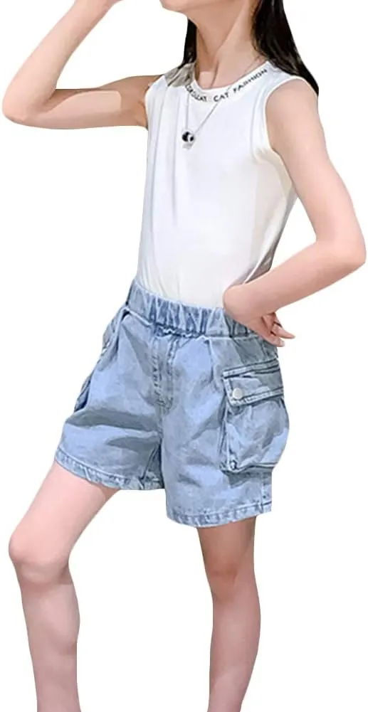 Girls' Casual Stretch High Waisted Denim Shorts with Pockets