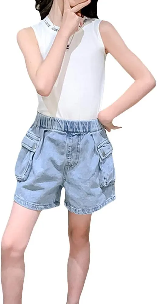 Girls' Casual Stretch High Waisted Denim Shorts with Pockets