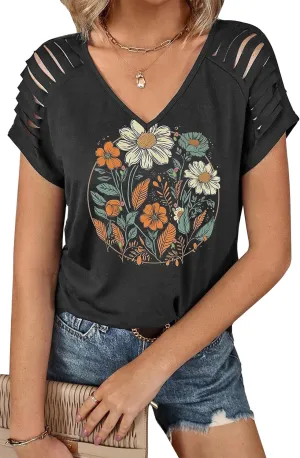 Graphic Tees for Women Vintage Short Sleeve Western Shirts Summer Casual V Neck Country T Shirt Cute Concert Outfits