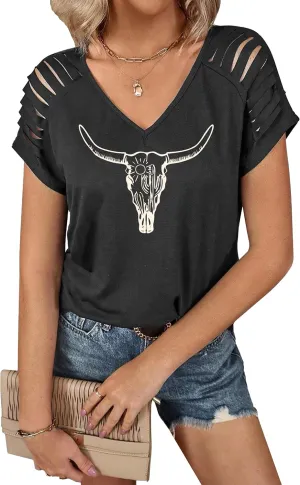 Graphic Tees for Women Vintage Short Sleeve Western Shirts Summer Casual V Neck Country T Shirt Cute Concert Outfits