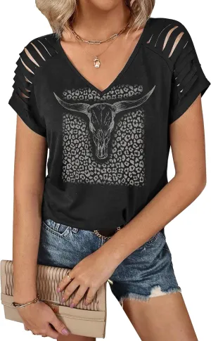 Graphic Tees for Women Vintage Short Sleeve Western Shirts Summer Casual V Neck Country T Shirt Cute Concert Outfits