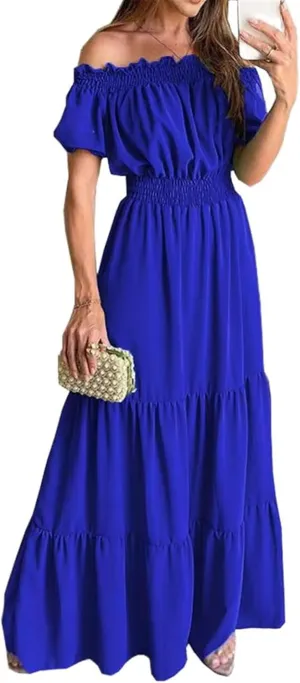 GUOYUXIAO Women's Puff Sleeve Dress Beach Elastic Waist A-Line Skirt