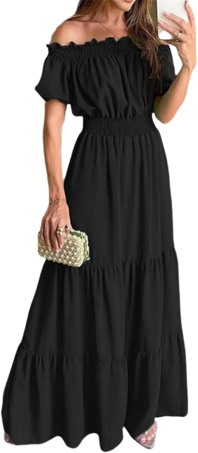 GUOYUXIAO Women's Puff Sleeve Dress Beach Elastic Waist A-Line Skirt