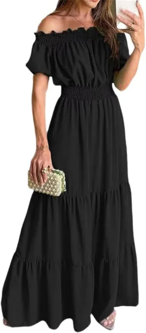 GUOYUXIAO Women's Puff Sleeve Dress Beach Elastic Waist A-Line Skirt