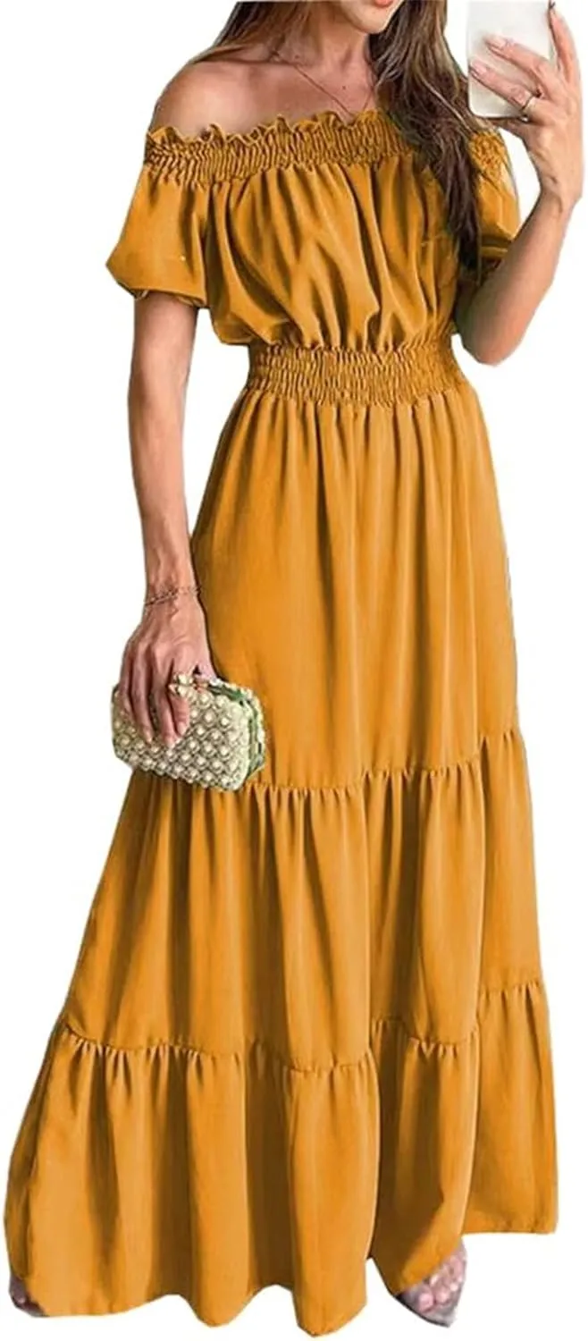GUOYUXIAO Women's Puff Sleeve Dress Beach Elastic Waist A-Line Skirt