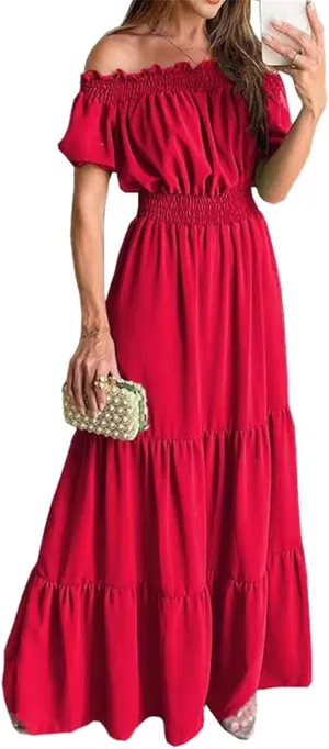 GUOYUXIAO Women's Puff Sleeve Dress Beach Elastic Waist A-Line Skirt