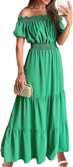 GUOYUXIAO Women's Puff Sleeve Dress Beach Elastic Waist A-Line Skirt