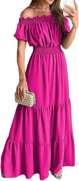 GUOYUXIAO Women's Puff Sleeve Dress Beach Elastic Waist A-Line Skirt