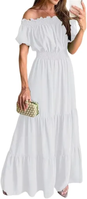 GUOYUXIAO Women's Puff Sleeve Dress Beach Elastic Waist A-Line Skirt