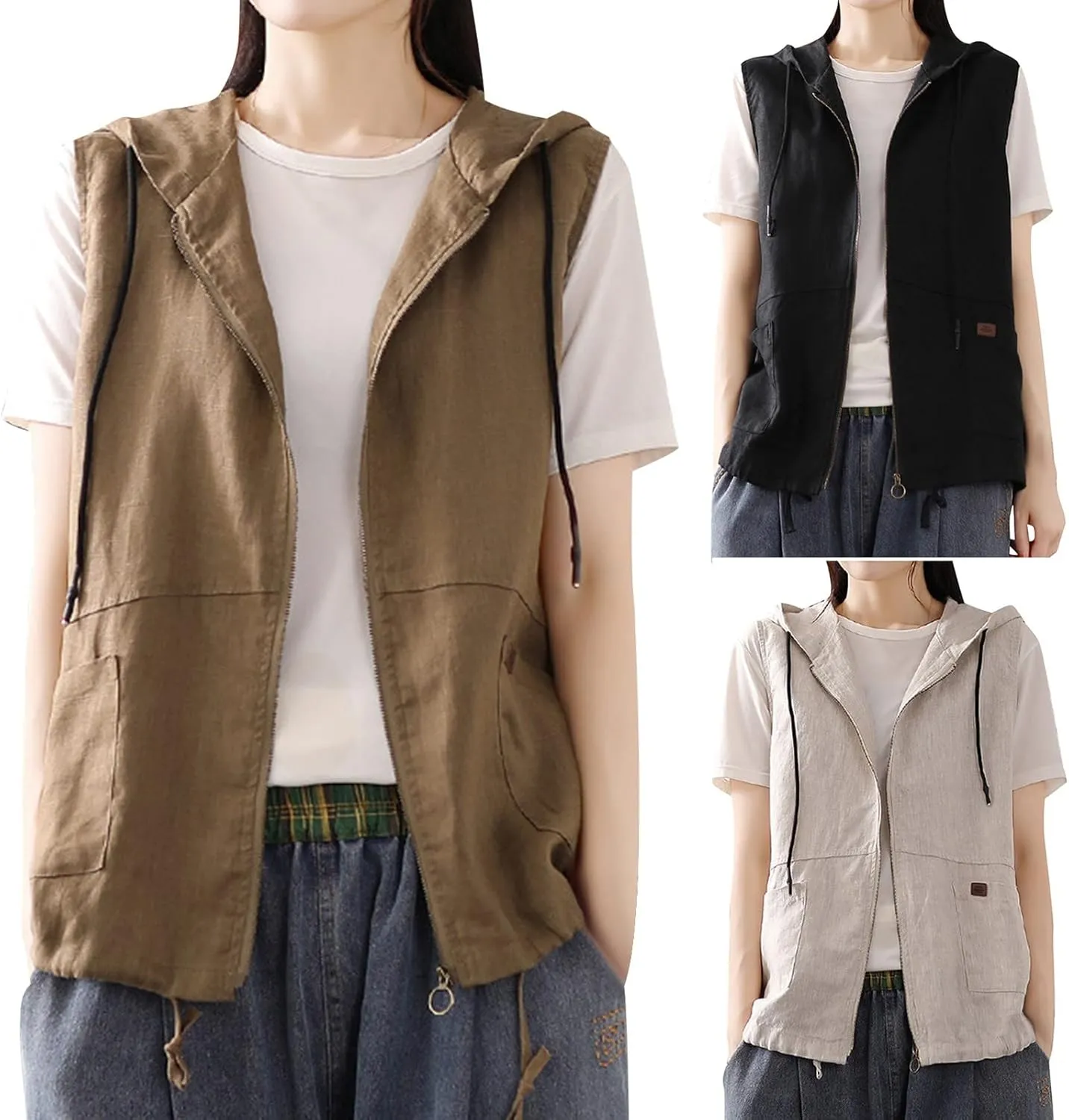 HGps8w Womens Cotton Linen Zip Up Hoodies Lightweight Casual Sleeveless Cardigans Jackets Military Utility Vest with Pockets