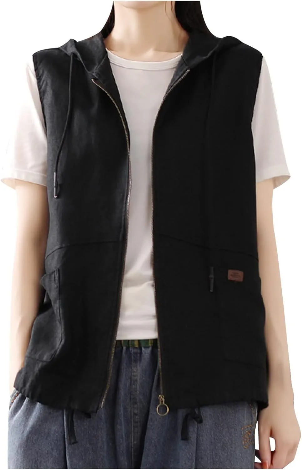 HGps8w Womens Cotton Linen Zip Up Hoodies Lightweight Casual Sleeveless Cardigans Jackets Military Utility Vest with Pockets