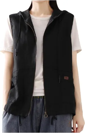 HGps8w Womens Cotton Linen Zip Up Hoodies Lightweight Casual Sleeveless Cardigans Jackets Military Utility Vest with Pockets