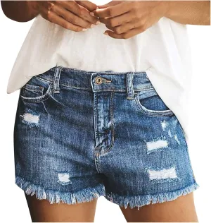 High Waisted Denim Shorts for Women Ripped Distressed Stretchy Casual Jeans Shorts Vintage Raw Hem Summer Hot Shorts Pockets