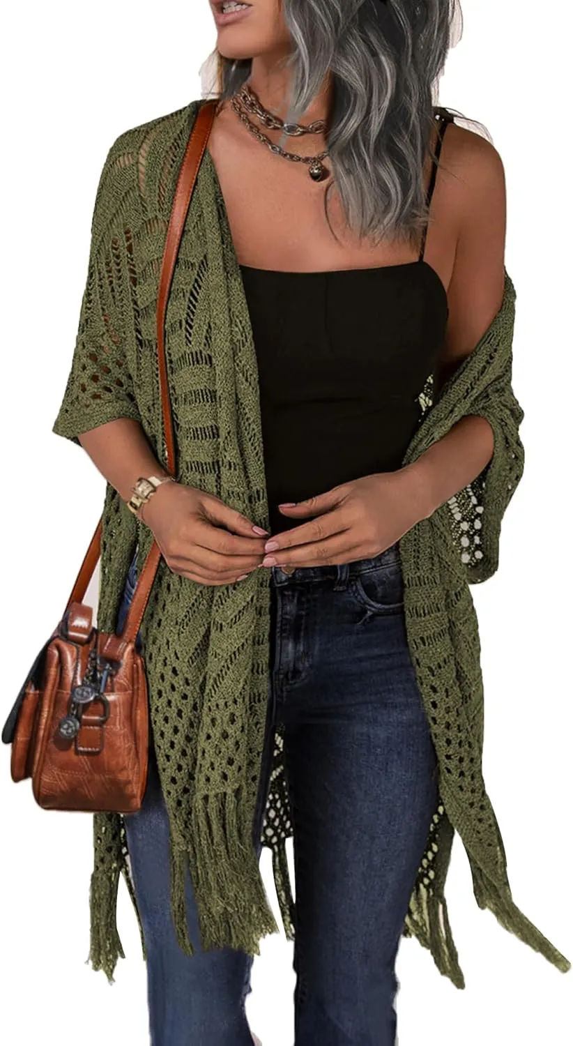 HOTOUCH Womens Knit Cardigan Open Front Outwear Hollow Out Crochet Tassel Lightweight Kimonos Sweater S-XXL